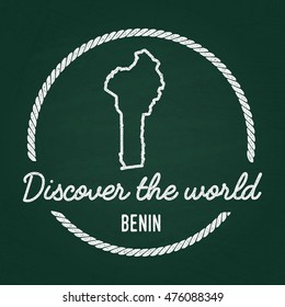 White chalk texture hipster insignia with Republic of Benin map on a green blackboard. Grunge rubber seal with country outlines, vector illustration.