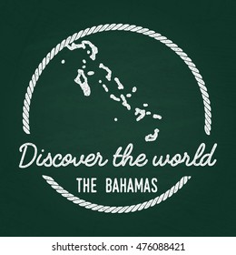 White chalk texture hipster insignia with Commonwealth of the Bahamas map on a green blackboard. Grunge rubber seal with country outlines, vector illustration.