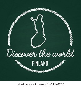 White chalk texture hipster insignia with Republic of Finland map on a green blackboard. Grunge rubber seal with country outlines, vector illustration.