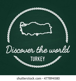 White chalk texture hipster insignia with Republic of Turkey map on a green blackboard. Grunge rubber seal with country outlines, vector illustration.