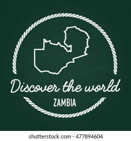 White chalk texture hipster insignia with Republic of Zambia map on a green blackboard. Grunge rubber seal with country outlines, vector illustration.