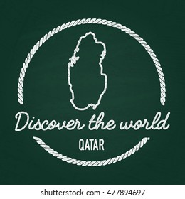 White chalk texture hipster insignia with State of Qatar map on a green blackboard. Grunge rubber seal with country outlines, vector illustration.