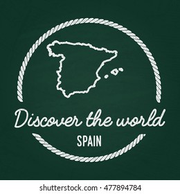 White chalk texture hipster insignia with Kingdom of Spain map on a green blackboard. Grunge rubber seal with country outlines, vector illustration.