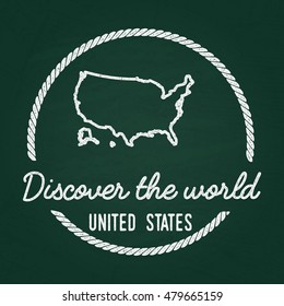 White chalk texture hipster insignia with United States of America map on a green blackboard. Grunge rubber seal with country outlines, vector illustration.