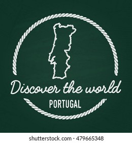 White chalk texture hipster insignia with Portuguese Republic map on a green blackboard. Grunge rubber seal with country outlines, vector illustration.