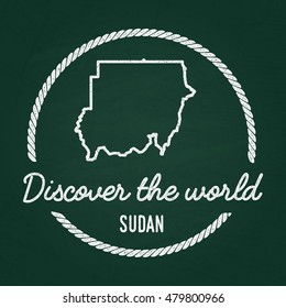 White chalk texture hipster insignia with Republic of the Sudan map on a green blackboard. Grunge rubber seal with country outlines, vector illustration.
