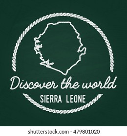 White chalk texture hipster insignia with Republic of Sierra Leone map on a green blackboard. Grunge rubber seal with country outlines, vector illustration.