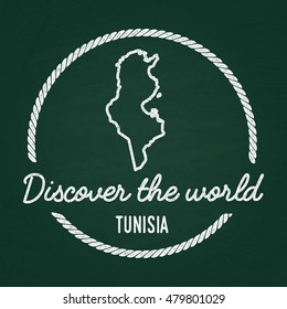 White chalk texture hipster insignia with Republic of Tunisia map on a green blackboard. Grunge rubber seal with country outlines, vector illustration.