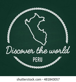 White chalk texture hipster insignia with Republic of Peru map on a green blackboard. Grunge rubber seal with country outlines, vector illustration.
