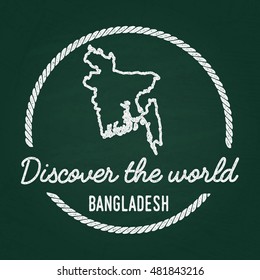 White chalk texture hipster insignia with People's Republic of Bangladesh map on a green blackboard. Grunge rubber seal with country outlines, vector illustration.