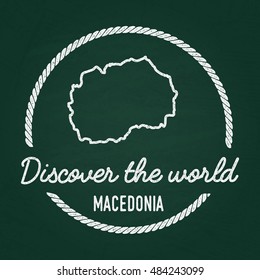 White chalk texture hipster insignia with Former Yugoslav Republic of Macedonia map on a green blackboard. Grunge rubber seal with country outlines, vector illustration.