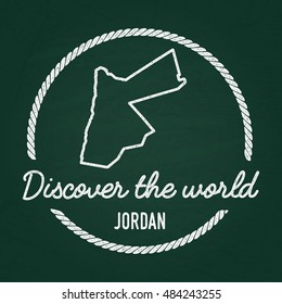 White chalk texture hipster insignia with Hashemite Kingdom of Jordan map on a green blackboard. Grunge rubber seal with country outlines, vector illustration.