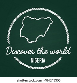 White chalk texture hipster insignia with Federal Republic of Nigeria map on a green blackboard. Grunge rubber seal with country outlines, vector illustration.