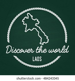 White chalk texture hipster insignia with Lao People's Democratic Republic map on a green blackboard. Grunge rubber seal with country outlines, vector illustration.