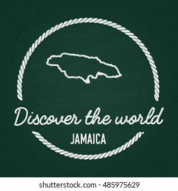 White chalk texture hipster insignia with Jamaica map on a green blackboard. Grunge rubber seal with country outlines, vector illustration.