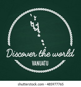 White chalk texture hipster insignia with Republic of Vanuatu map on a green blackboard. Grunge rubber seal with country outlines, vector illustration.