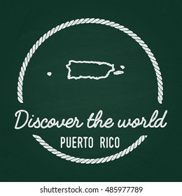 White chalk texture hipster insignia with Commonwealth of Puerto Rico map on a green blackboard. Grunge rubber seal with country outlines, vector illustration.