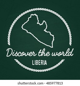 White chalk texture hipster insignia with Republic of Liberia map on a green blackboard. Grunge rubber seal with country outlines, vector illustration.