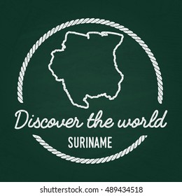 White chalk texture hipster insignia with Republic of Suriname map on a green blackboard. Grunge rubber seal with country outlines, vector illustration.