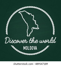 White chalk texture hipster insignia with Republic of Moldova map on a green blackboard. Grunge rubber seal with country outlines, vector illustration.