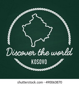 White chalk texture hipster insignia with Republic of Kosovo map on a green blackboard. Grunge rubber seal with country outlines, vector illustration.
