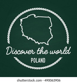 White chalk texture hipster insignia with Republic of Poland map on a green blackboard. Grunge rubber seal with country outlines, vector illustration.