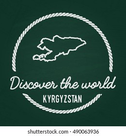 White chalk texture hipster insignia with Kyrgyz Republic map on a green blackboard. Grunge rubber seal with country outlines, vector illustration.