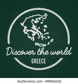 White chalk texture hipster insignia with Hellenic Republic map on a green blackboard. Grunge rubber seal with country outlines, vector illustration.