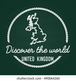 White chalk texture hipster insignia with United Kingdom of Great Britain and Northern Ireland map on a green blackboard. Grunge rubber seal with country outlines, vector illustration.