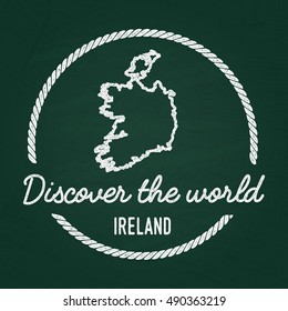 White chalk texture hipster insignia with Ireland map on a green blackboard. Grunge rubber seal with country outlines, vector illustration.