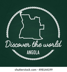 White chalk texture hipster insignia with People's Republic of Angola map on a green blackboard. Grunge rubber seal with country outlines, vector illustration.