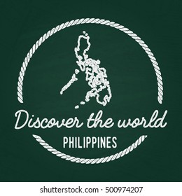 White chalk texture hipster insignia with Republic of the Philippines map on a green blackboard. Grunge rubber seal with country outlines, vector illustration.