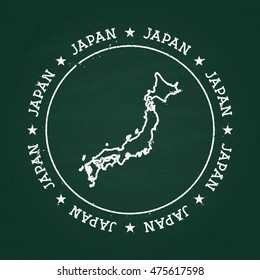 White chalk texture rubber seal with Japan map on a green blackboard. Grunge rubber seal with country outlines, vector illustration.