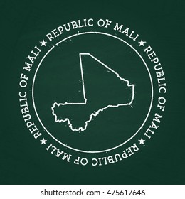 White chalk texture rubber seal with Republic of Mali map on a green blackboard. Grunge rubber seal with country outlines, vector illustration.