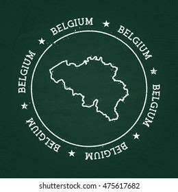 White chalk texture rubber seal with Kingdom of Belgium map on a green blackboard. Grunge rubber seal with country outlines, vector illustration.