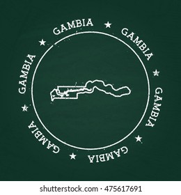White chalk texture rubber seal with Republic of the Gambia map on a green blackboard. Grunge rubber seal with country outlines, vector illustration.