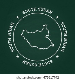 White chalk texture rubber seal with South Sudan map on a green blackboard. Grunge rubber seal with country outlines, vector illustration.