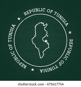 White chalk texture rubber seal with Republic of Tunisia map on a green blackboard. Grunge rubber seal with country outlines, vector illustration.