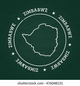 White chalk texture rubber seal with Republic of Zimbabwe map on a green blackboard. Grunge rubber seal with country outlines, vector illustration.