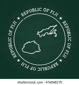 White chalk texture rubber seal with Republic of Fiji map on a green blackboard. Grunge rubber seal with country outlines, vector illustration.