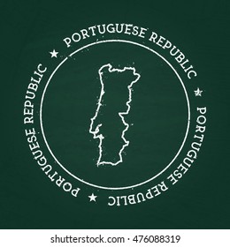 White chalk texture rubber seal with Portuguese Republic map on a green blackboard. Grunge rubber seal with country outlines, vector illustration.