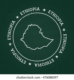 White chalk texture rubber seal with Federal Democratic Republic of Ethiopia map on a green blackboard. Grunge rubber seal with country outlines, vector illustration.