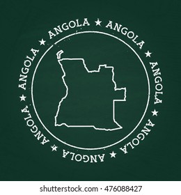 White chalk texture rubber seal with People's Republic of Angola map on a green blackboard. Grunge rubber seal with country outlines, vector illustration.