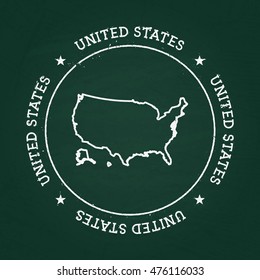 White chalk texture rubber seal with United States of America map on a green blackboard. Grunge rubber seal with country outlines, vector illustration.