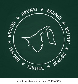White chalk texture rubber seal with Nation of Brunei map on a green blackboard. Grunge rubber seal with country outlines, vector illustration.