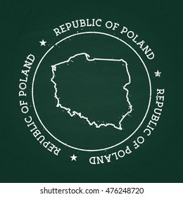 White chalk texture rubber seal with Republic of Poland map on a green blackboard. Grunge rubber seal with country outlines, vector illustration.
