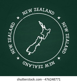 White chalk texture rubber seal with New Zealand map on a green blackboard. Grunge rubber seal with country outlines, vector illustration.