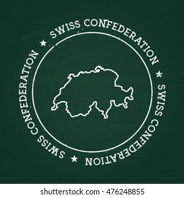 White chalk texture rubber seal with Swiss Confederation map on a green blackboard. Grunge rubber seal with country outlines, vector illustration.