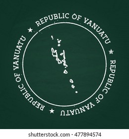 White chalk texture rubber seal with Republic of Vanuatu map on a green blackboard. Grunge rubber seal with country outlines, vector illustration.