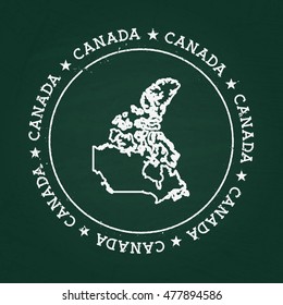 White chalk texture rubber seal with Canada map on a green blackboard. Grunge rubber seal with country outlines, vector illustration.